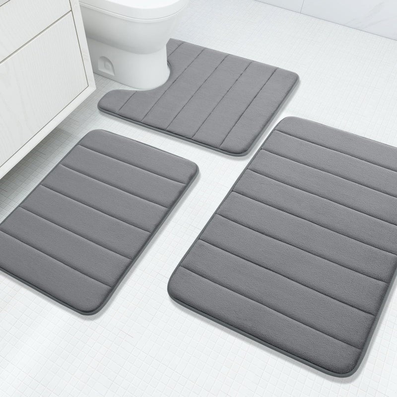 Buganda Memory Foam 3 Pieces Bathroom Rugs Set - Thick Soft Absorbent Non-Slip Bath Mats, Washable Small/Large/Contour Bath Rugs (24" x 16" + 30" x 20" + 24" x 20", Grey) - Image 1